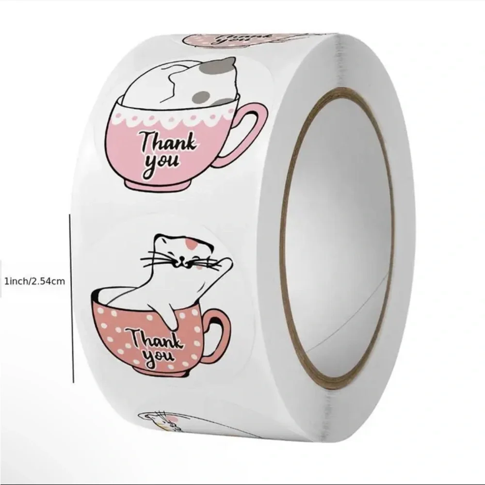 Roll of 500 Cute Kitty Cat in Teacup Round Thank You Stickers Coffee Mug